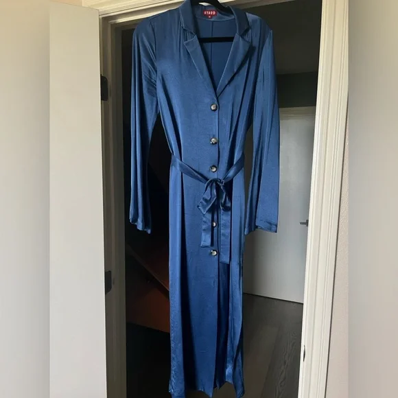 STAUD Royal Blue Satin Dress with Long-Sleeves Bell Sleeves Size M Modest Dress - Picture 6 of 10